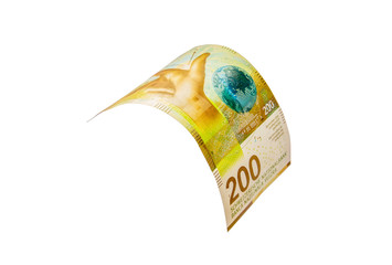 Flying Swiss money - 200 francs note isolated with clipping path