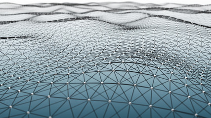 Abstract wavy structure made. Plexus background with connected lines and dots. Digital connection of elements. Imitation waves. 3D rendering.