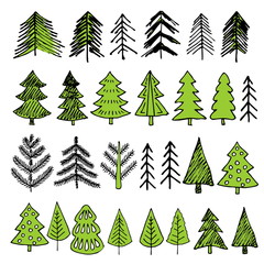Obraz premium Hand-drawn Christmas trees for winter and holiday illustrations.