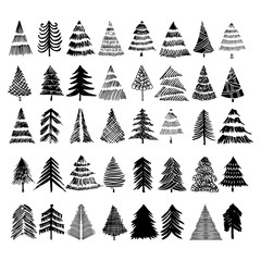 Hand-drawn Christmas trees for winter and holiday illustrations.