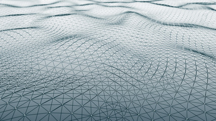 Abstract wavy structure made. Plexus background with connected lines and dots. Digital connection of elements. Imitation waves. 3D rendering.