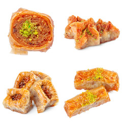 Tasty oriental sweets collage isolated on white