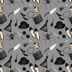 Behang Gotisch Aquarel mode illustratie. Halloween hoed, ring, oorbellen, haarelastiek, schoenen, zonnebril, handtas, lippenstift, eyeliner, messen, drankje, spin, naadloos patroon, zwarte achtergrond