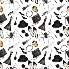 Fotobehang Gotisch Aquarel mode illustratie. Halloween hoed, ring, oorbellen, haarelastiek, schoenen, zonnebril, handtas, lippenstift, eyeliner, messen, drankje, spin, naadloos patroon, lichte achtergrond