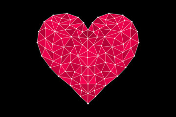 Abstract heart icon from lines and triangles, point connecting network on black background, vector, illustration, eps file