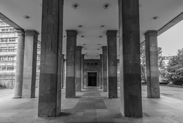 Berlin, Germany - main avenue during of the GDR (East Germany), Karl Marx Allee presents many beautiful buildings. Here in particular an example of its socialist architecture