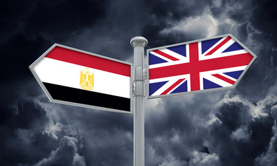 Egypt and United Kingdom guidepost. Moving in different directions. 3D Rendering