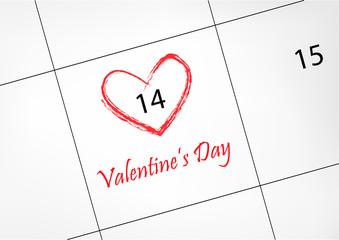 calendar with 14 february Valentines day date circled in red heart shape, horizontal vector illustration