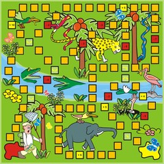 Obraz premium Board game, man and animals at tropic landscape, vector illustration