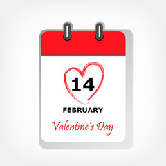 calendar sheet with 14 february Valentines day date circled in red heart shape, square vector illustration