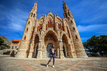 cathedral of segovia spain with girl on front  - obrazy, fototapety, plakaty