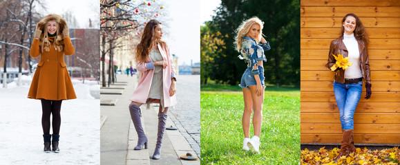 Collage of various young girls in trendy seasonal clothes