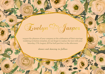 Vector polygonal gold frame with leaves of a forest fern, boxwood, brunia eucalyptus branches and flowers eustoma cream. on a orange background. Wedding invitations