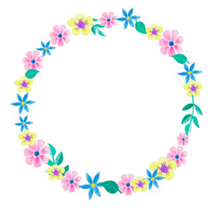 A wreath of watercolor flowers on a white background. Raster blank for design. Cute children's drawing. Flower doodles.