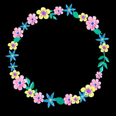 A wreath of watercolor flowers on a black background. Raster blank for design. Cute children's drawing. Flower doodles.