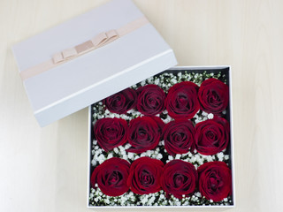 Romantic red roses, Preserved red roses in a box, Flower gift.
