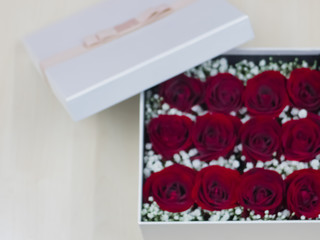 red roses, Preserved red roses in a box, Blur background.