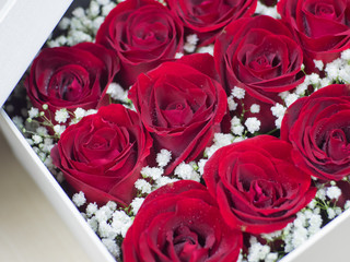 Romantic red roses, close up of box with red roses, Preserved roses in a box.