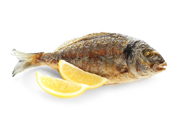 Grilled dorado fish with lemon on white background