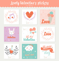 Fototapeta na wymiar Set of 9 square Valentines day gift tags, stickers and labels templates. Romantic and beauty posters set. Lovely card for Valentine's day, wedding, marriage, save the date, bridal. Vector illustration