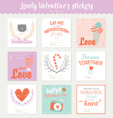 Set of 9 square Valentines day gift tags, stickers and labels templates. Romantic and beauty posters set. Lovely card for Valentine's day, wedding, marriage, save the date, bridal. Vector illustration