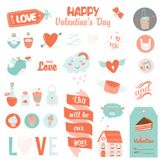 Vintage love set of Valentines day design holidays elements. Card for Valentine's day, wedding, marriage, save the date, bridal. Vector romantic and cute symbols: flowers, hearts, birds, sweets.