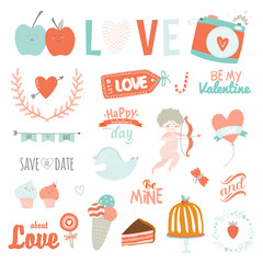 Vintage love set of Valentines day design holidays elements. Card for Valentine's day, wedding, marriage, save the date, bridal. Vector romantic and cute symbols: flowers, hearts, birds, sweets.