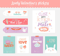 Collection of Valentines day gift tags, stickers and labels templates and modern lovely holidays elements with handwritten calligraphy. Hand drawn design elements