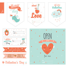 Set of cute Valentines day gift tags and journaling cards templates. Romantic and beauty stickers, banners, labels and posters set. Lovely invitations with style illustrations with romantic typography