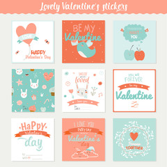 Fototapeta na wymiar Set of 9 square Valentines day gift tags and journaling cards templates. Romantic and beauty posters set. Lovely invitations with cartoon and character style illustrations with romantic typography