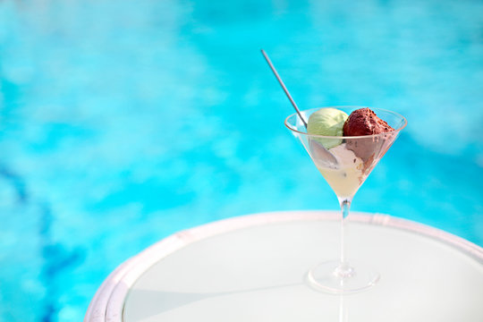 Italian Gelato Or Ice Cream In Crystal Bowl By The Pool