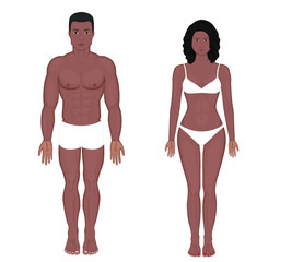 African American Indian man and woman naked body in full growth in underwear. Front view. Vector illustration for advertising, medical (healthcare), bodybuilding, sport publications