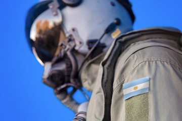 Air force pilot flight suit uniform with Argentina flag patch. Military jet aircraft pilot