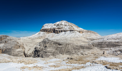 View Piz Boe Mountain from Sass Pordoi Mountain, Sella Group, Dolomites, Trentino province, Italy.