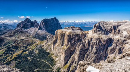 Obraz premium Marmolada mountain range seen from the Sass Pordoi plateau in Dolomites, Trentino Alto Adige, northern Italy, Europe -