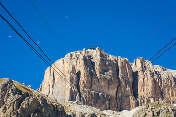 View of the mountain Sass Pordoi from the cable car station on Pordoi Pass, dolomites, Trentino Alto Adige, northern Italy