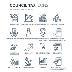 Fototapeta premium 16 linear Council tax icons such as tax, Cost-push inflation, Chinese walls, City of London, Collateral modern with thin stroke, vector illustration, eps10, trendy line icon set.