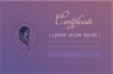 Fototapeta na wymiar hair extensions or hairdresser certificate template. beauty school or refresher courses for beautician. Make up cosmetic or spa care diploma.