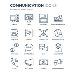 16 linear Communication icons such as Emails, Email, Bullhorn, Call, Call center, Announcement, Contacts modern with thin stroke, vector illustration, eps10, trendy line icon set.