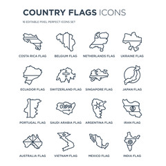 16 linear Country Flags icons such as Costa Rica flag, Belgium Vietnam Australia Iran flag modern with thin stroke, vector illustration, eps10, trendy line icon set.