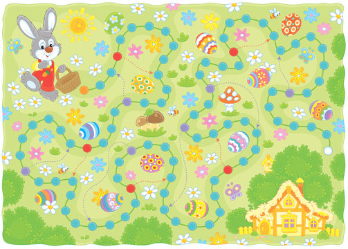 Easter egg hunt printable board game. Little Bunny with a small basket collecting colorfully painted eggs among flowers on the way home. Vector illustration in a cartoon style for kids