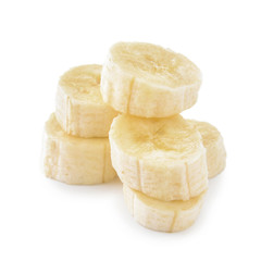 Pieces of ripe banana on white background