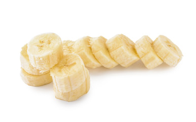 Pieces of ripe banana on white background