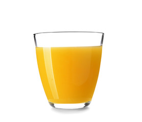 Glass of fresh orange juice on white background