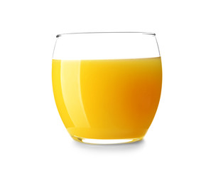 Glass of fresh orange juice on white background