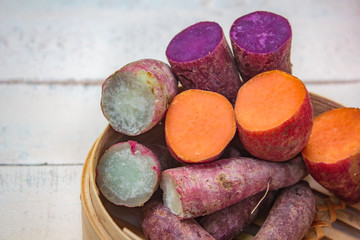 Boiled organic sweet potato, yellow yam.