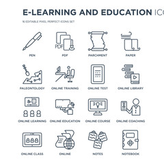 16 linear E-learning and education icons such as Pen, Pdf, Online, Online class, online coaching, Notebook modern with thin stroke, vector illustration, eps10, trendy line icon set.