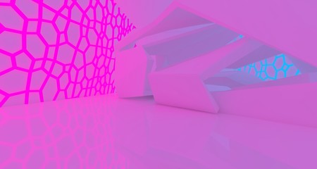 Abstract  white Futuristic Sci-Fi interior With Pink And Blue Glowing Neon Tubes . 3D illustration and rendering.