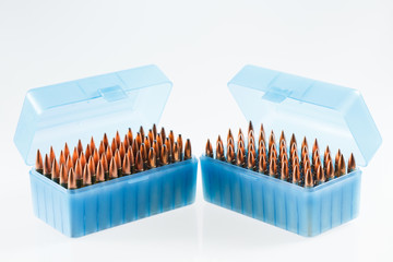 Hunting cartridges in a plastic box. Bullet storage box.