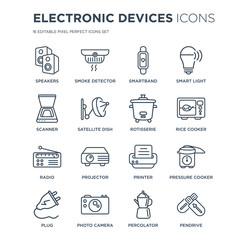 16 linear Electronic devices icons such as Speakers, smoke detector, Photo camera, Plug, pressure cooker, Pendrive modern with thin stroke, vector illustration, eps10, trendy line icon set.